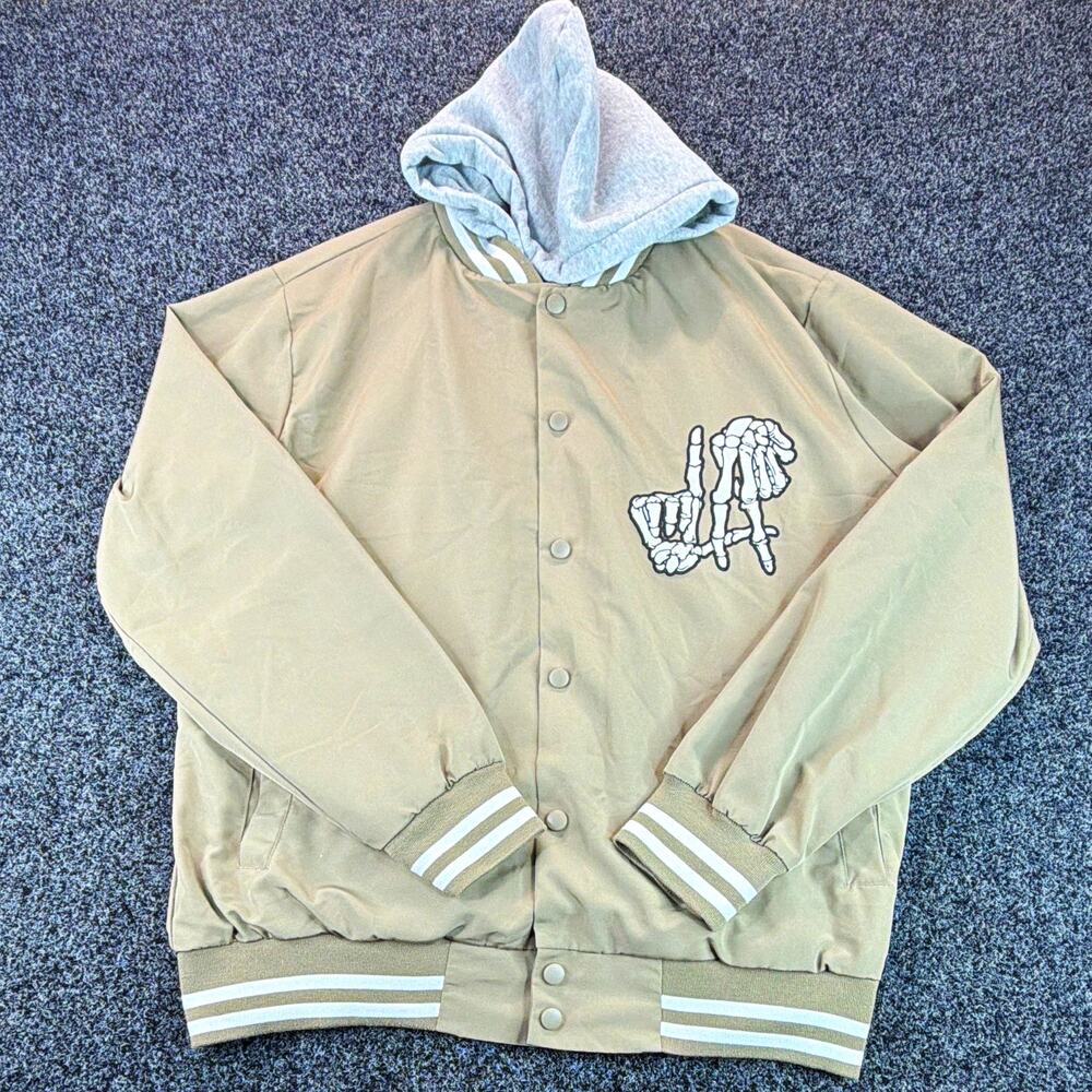 Original Deluxe Tan Gray Varsity Jacket Snap Front Hooded Lined Pockets Men’s M